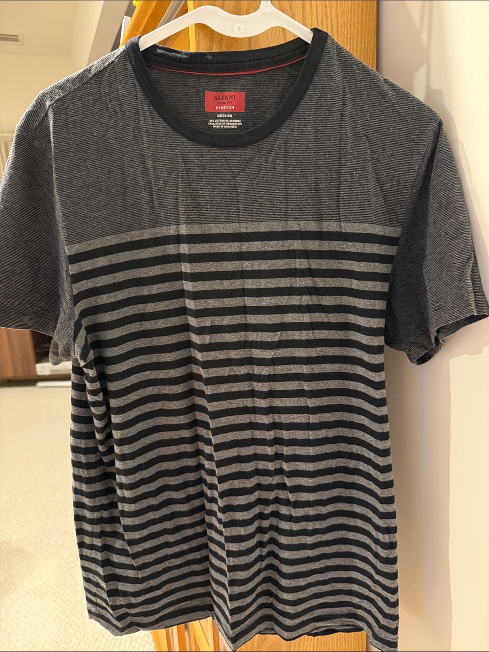 Alfani Grey & Black Short-Sleeve Crew Neck Striped Tee M